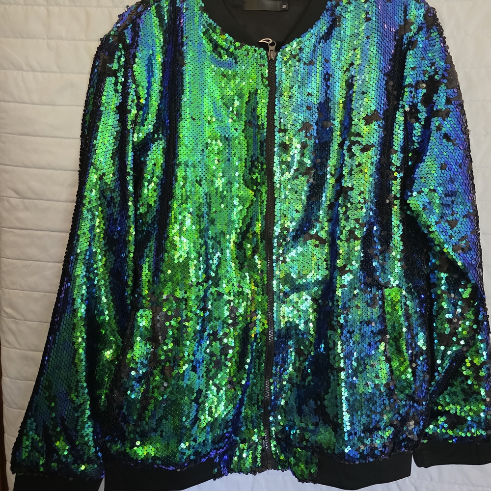 Iridescent Green and Blue Sequin Bomber Jacket